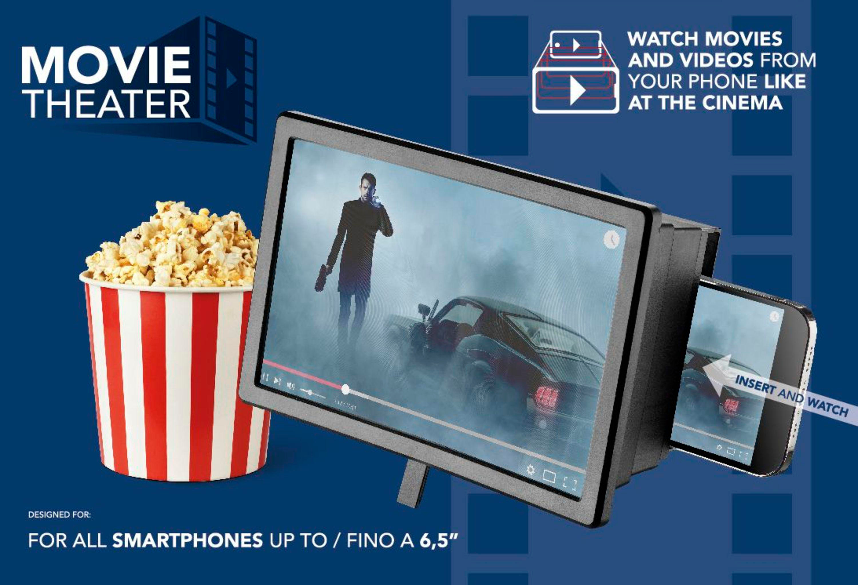 Kinoleinwand mit Telefon, Popcorn und Text, blauer Hintergrund.