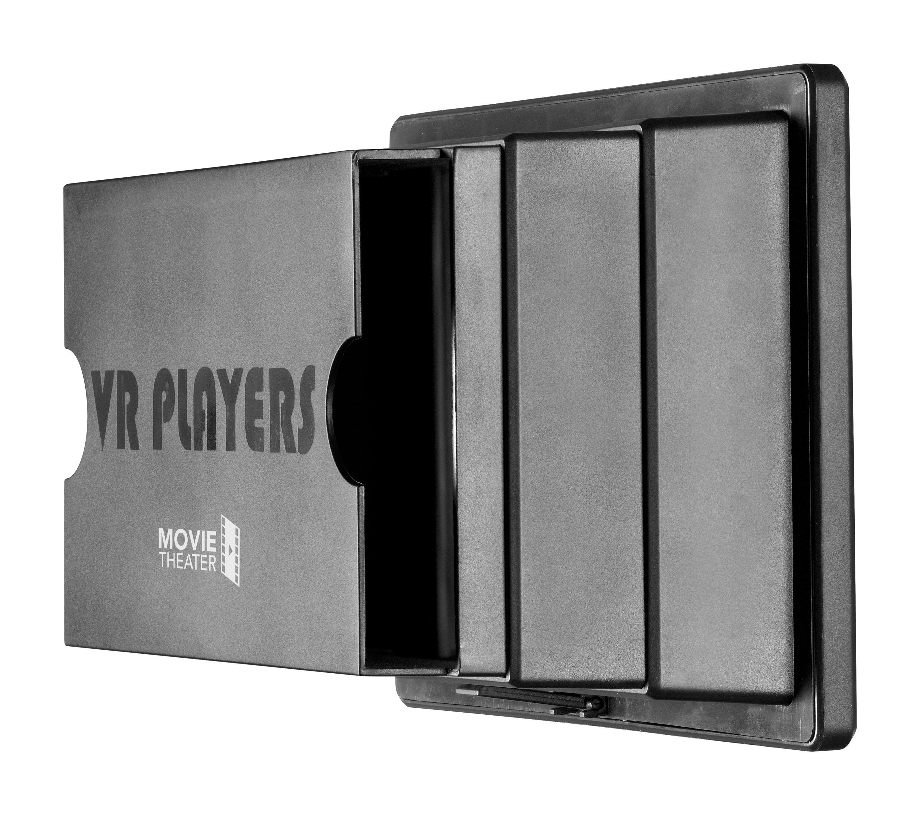 Eine schwarze VR Players Movie Theater-Box ist geöffnet, mit einigen schwarzen Einsätzen.