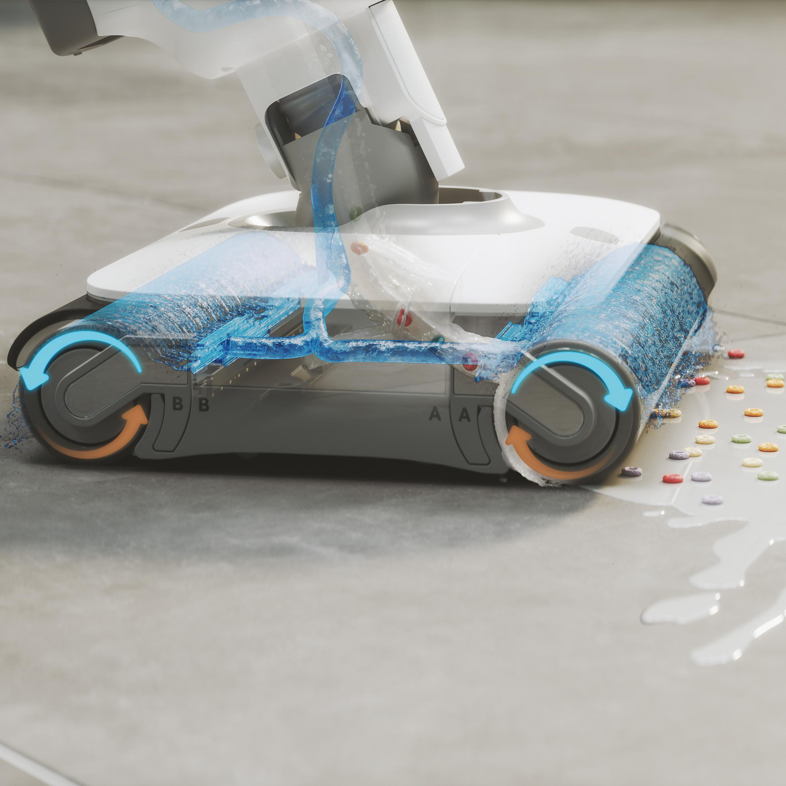 Ein Bodenreiniger sprüht Wasser und reinigt den Boden. Es gibt bunte Pellets.