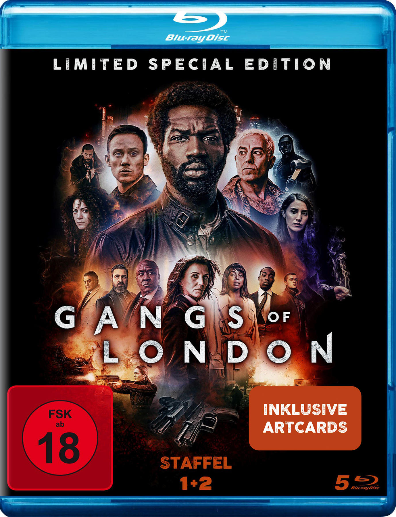 DVD-Cover mit Gesichtern mehrerer Personen. Text: Gangs of London. Dunkler Hintergrund. FSK 18.