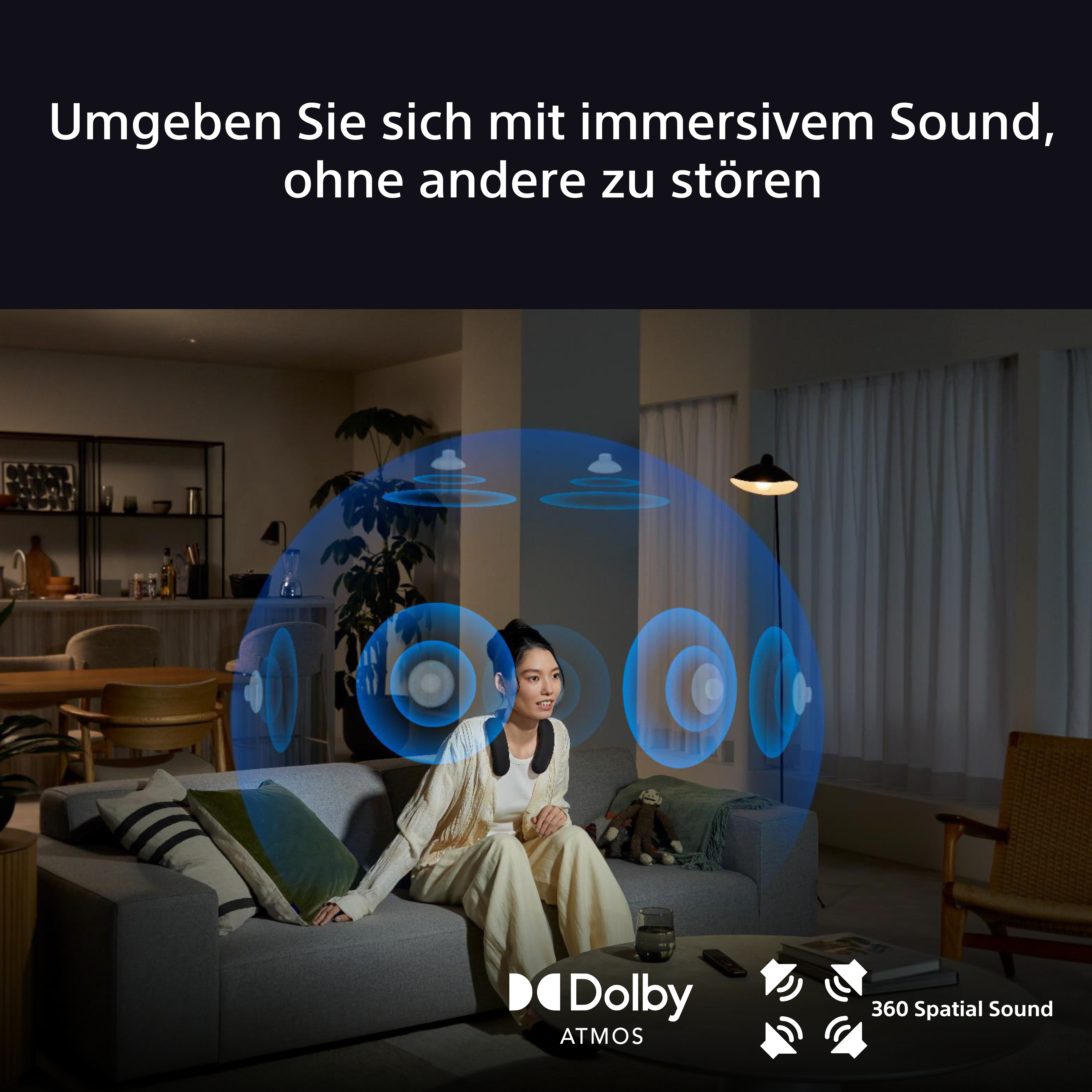 Eine Frau schaut fern, und die Schallwellen werden gezeigt.