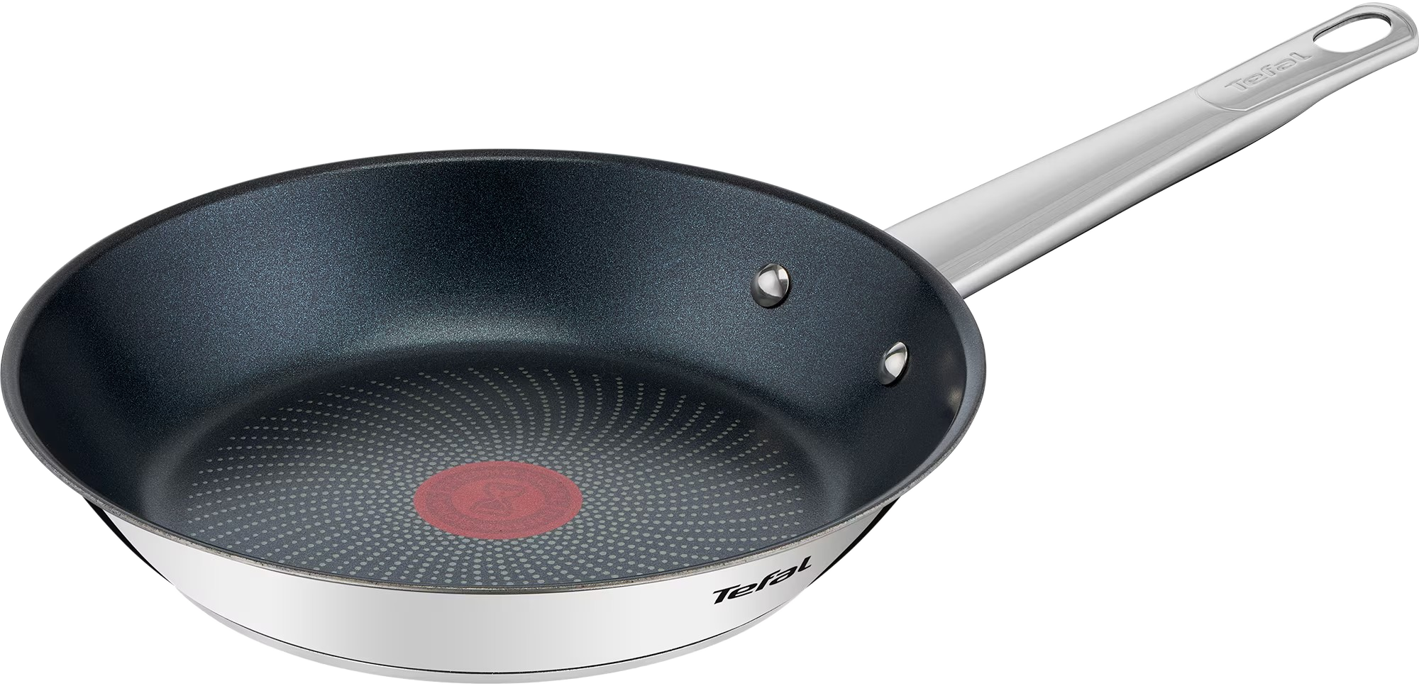 Tapadásmentes serpenyő fém fogantyúval. Sötét belső és piros középpont.