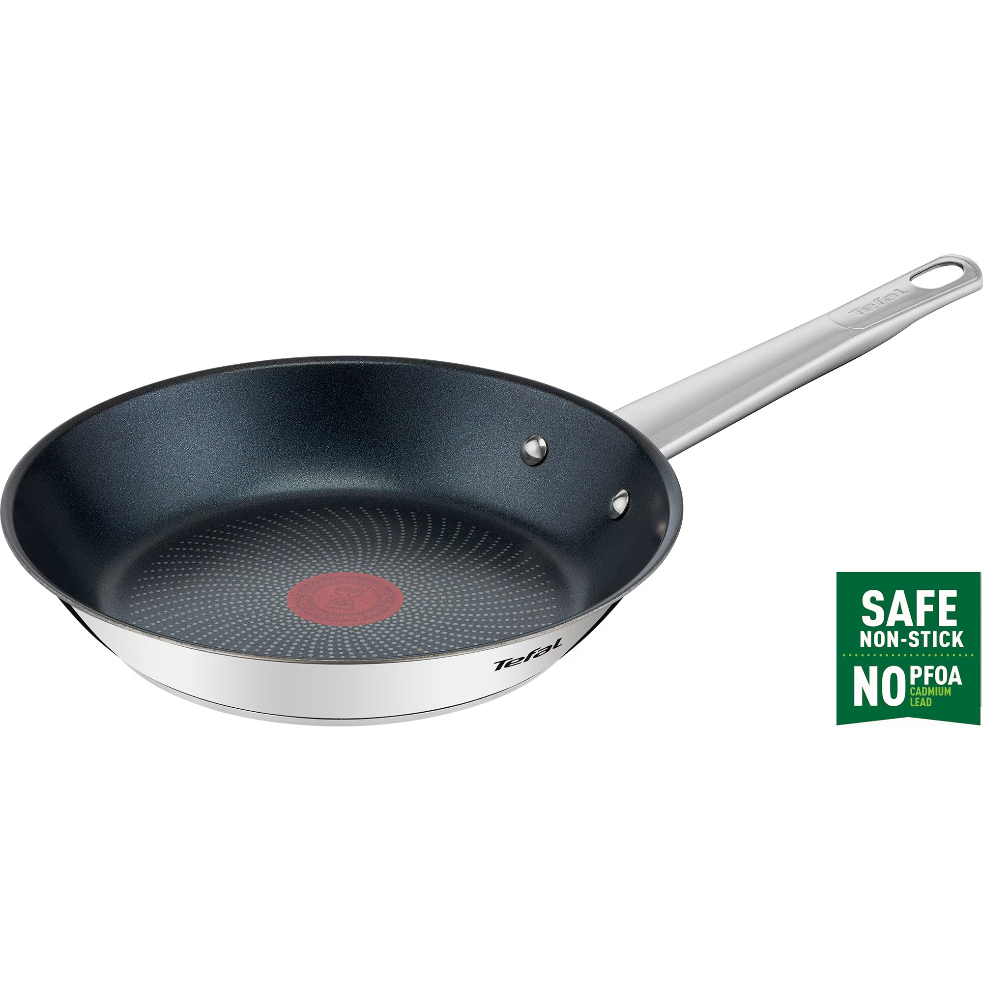 Rozsdamentes acél serpenyő fekete belsővel és zöld Safe Non-Stick címkével.