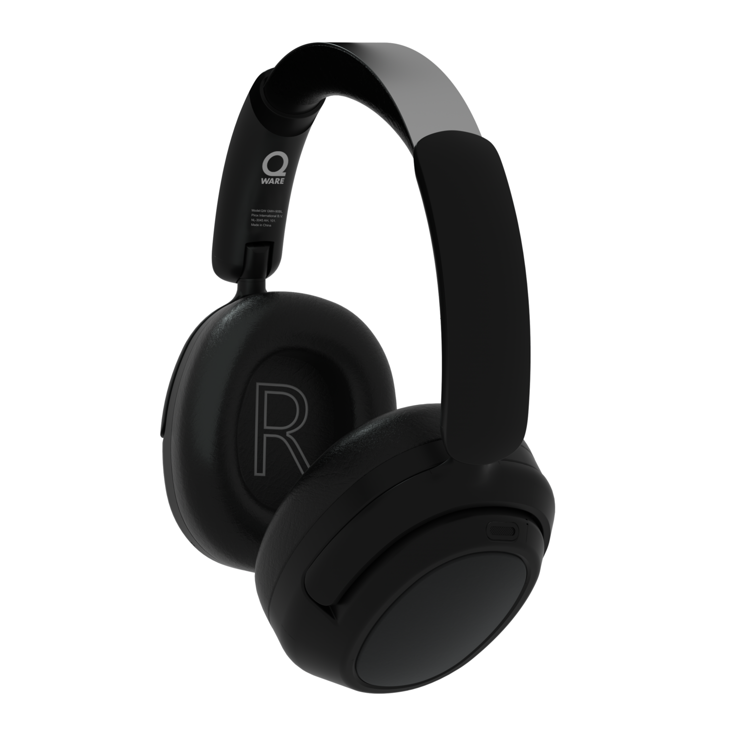 Black headphones with a gray headband. The letter R is visible on the ear.