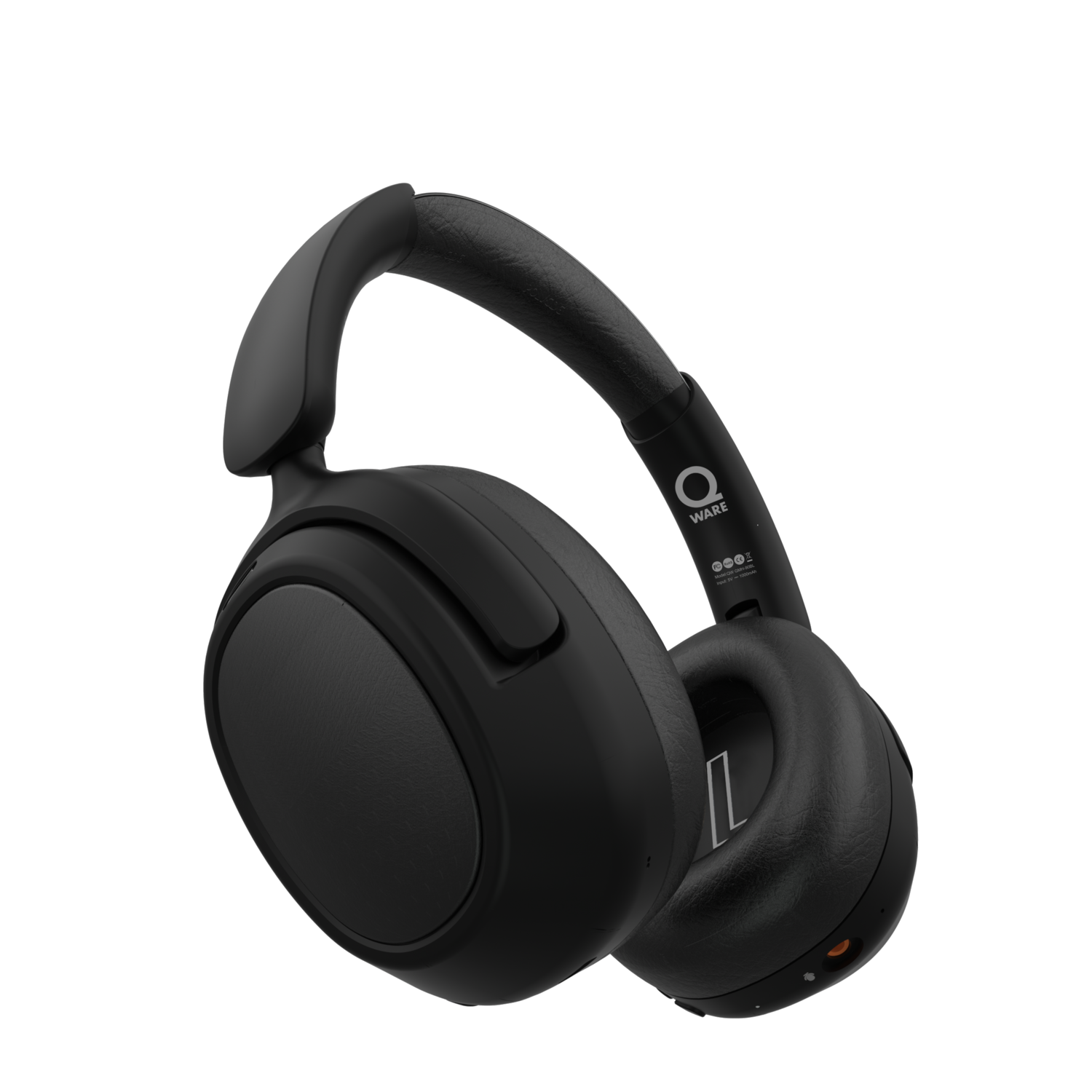 Black headphones with a curved design. Black background.