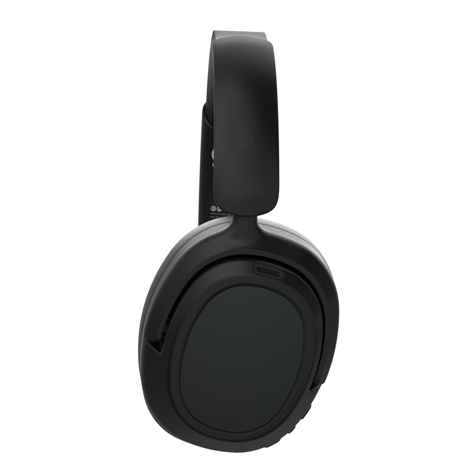 A close-up of a black over-ear headphones, showing the ear cup and the headband.