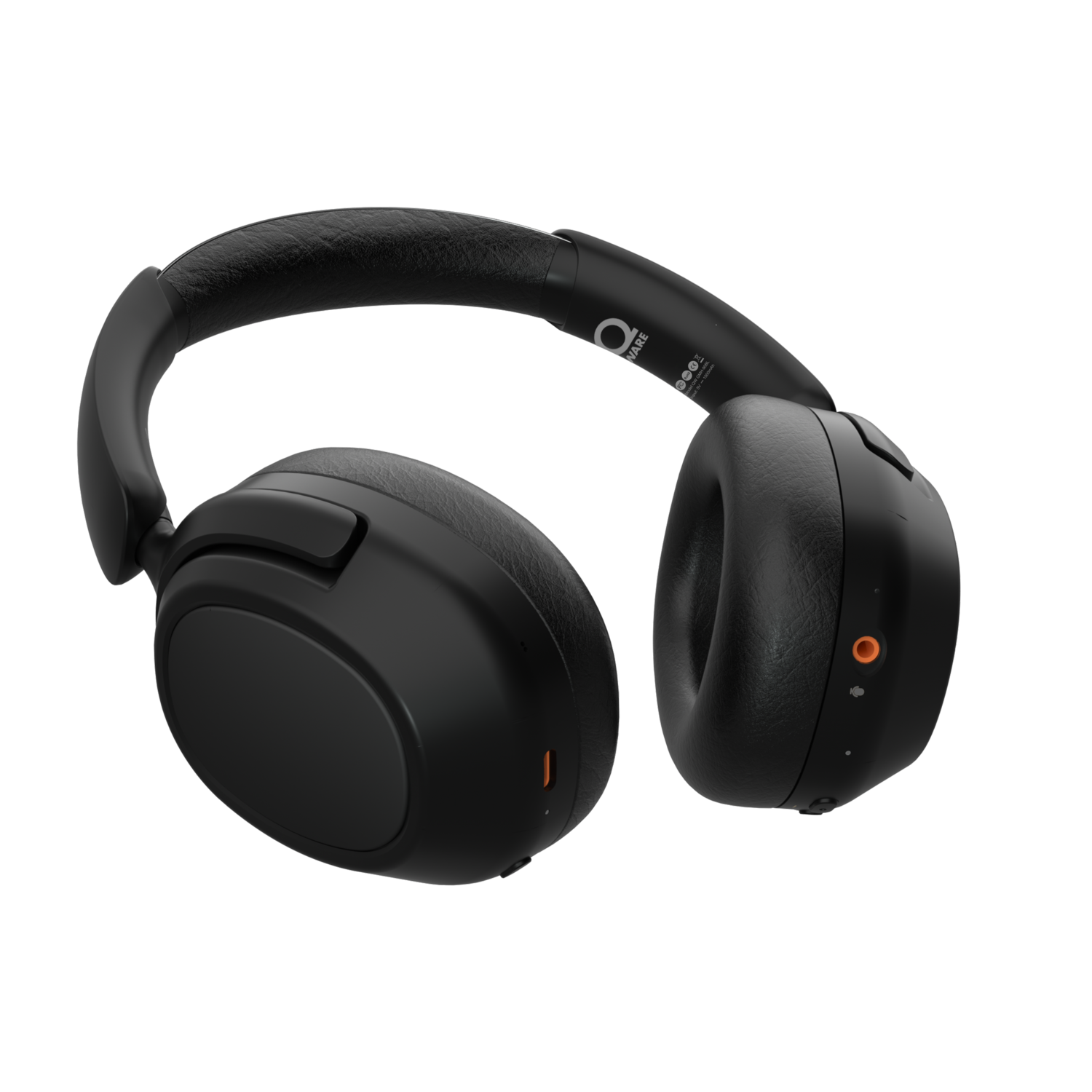 Black headphones with orange accents on a black background.