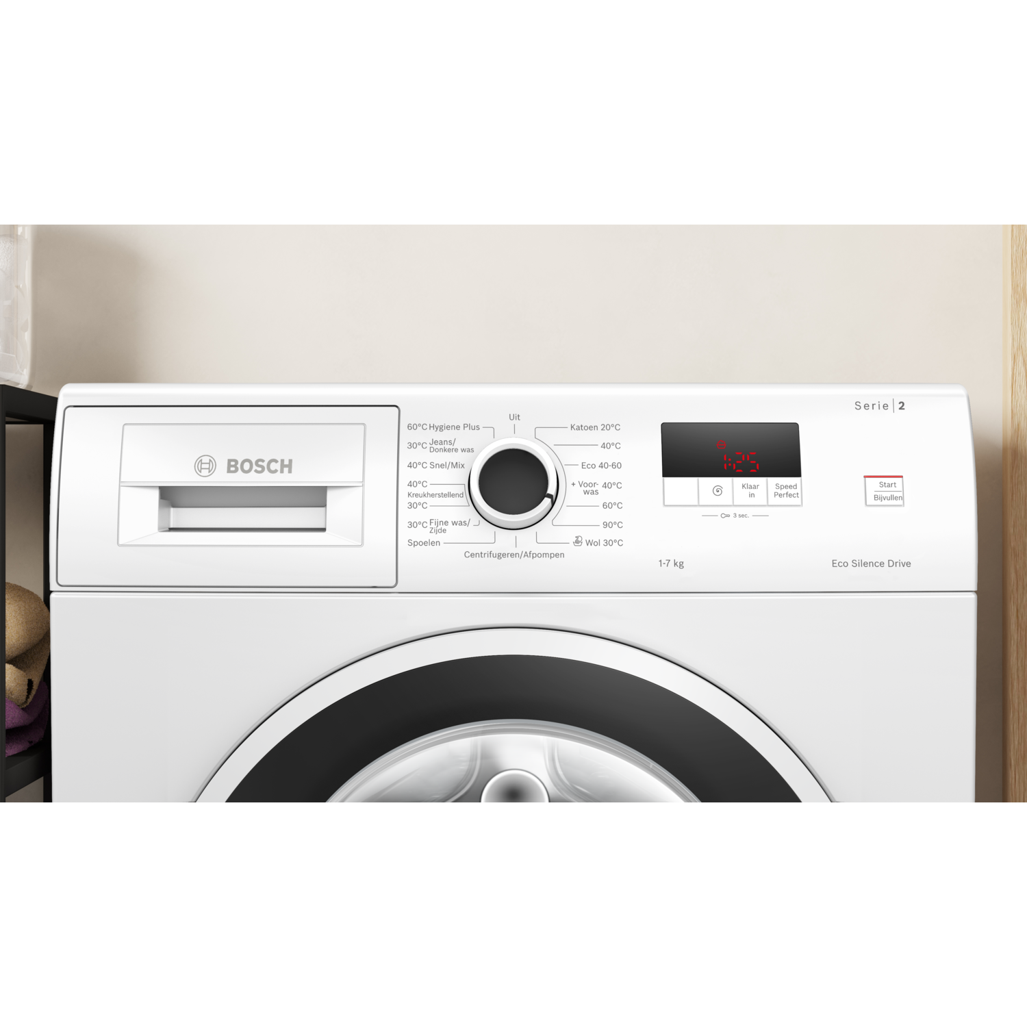 A white Bosch washing machine with a control panel, showing various settings and a display.