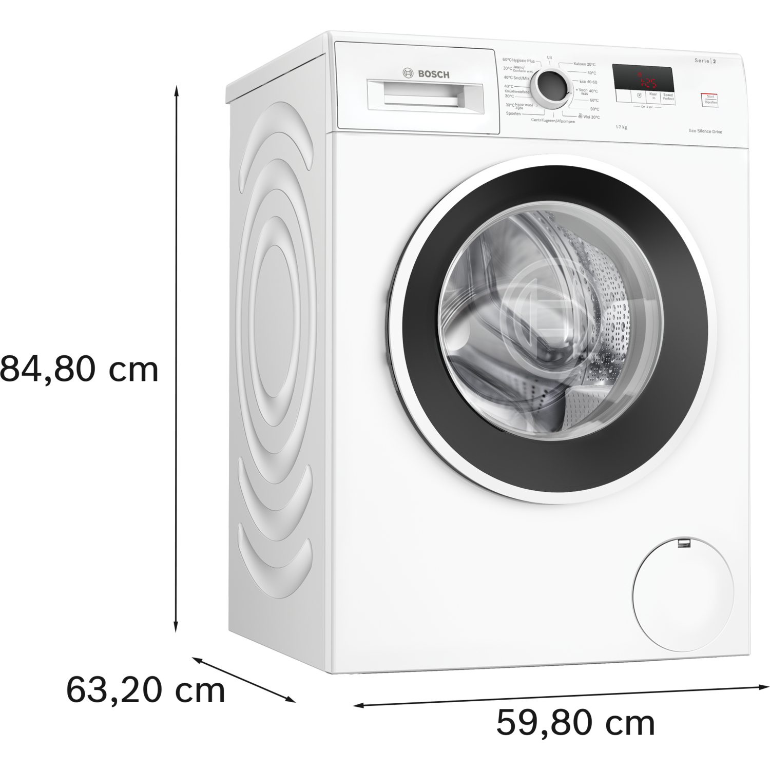 White Bosch washing machine with black details, angled view, isolated on black background.