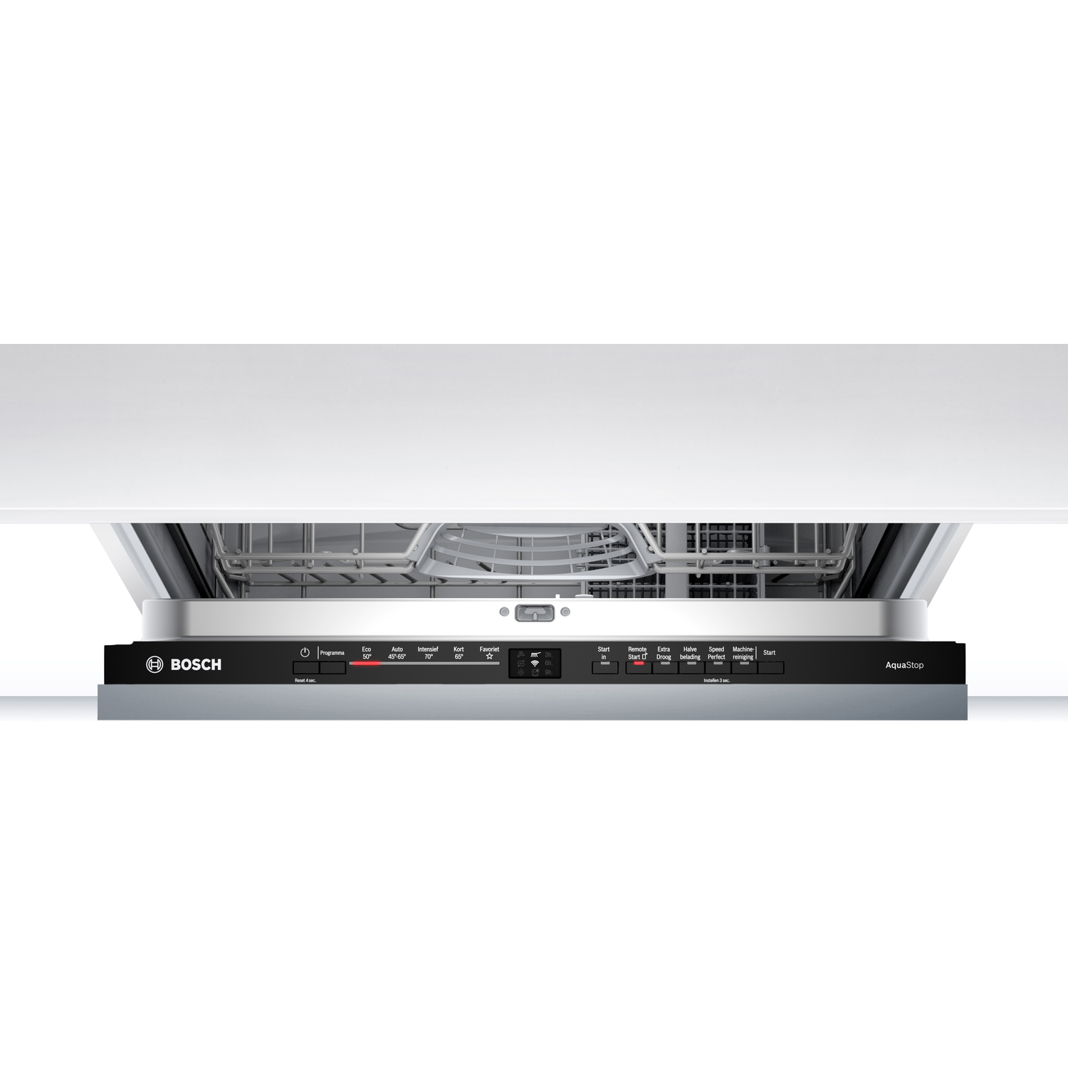 Control panel of a Bosch dishwasher with several buttons and a display.