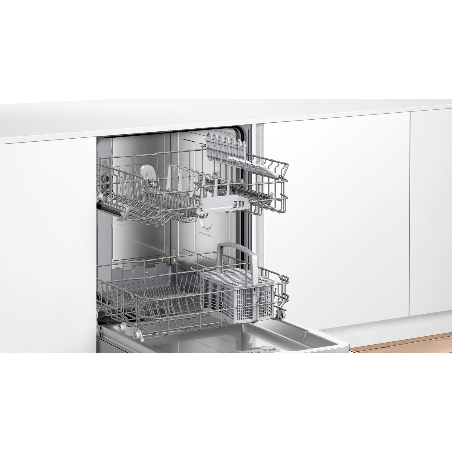 Open dishwasher with two racks. Silver racks hold utensils. The door is open, revealing the interior.