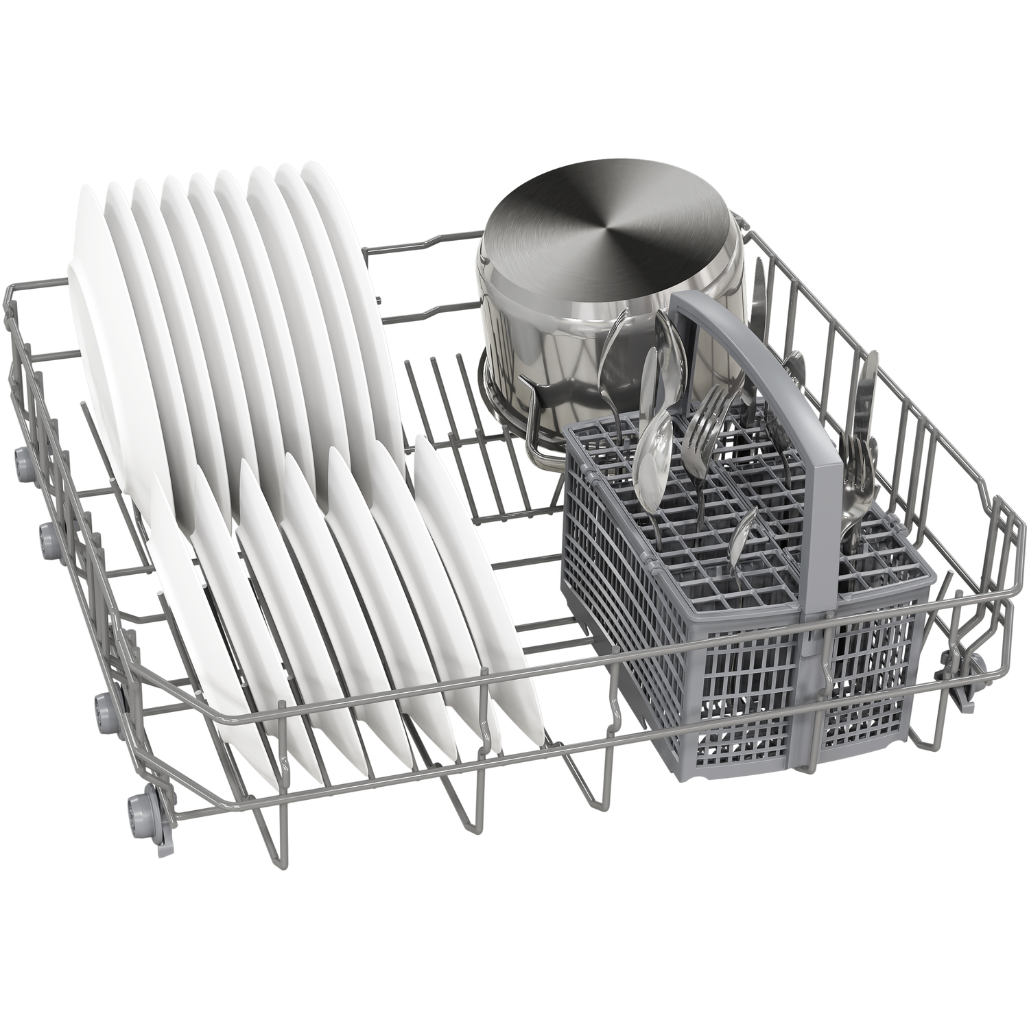 Dishwasher rack with clean white plates, a pot, and cutlery basket.