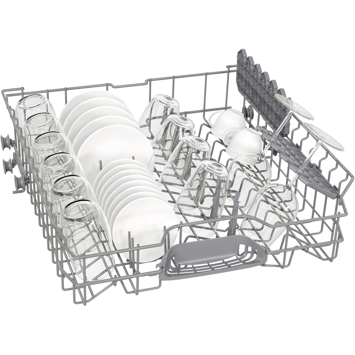 A dishwasher rack filled with plates, glasses, and cups. The rack is silver, items are white and clear.