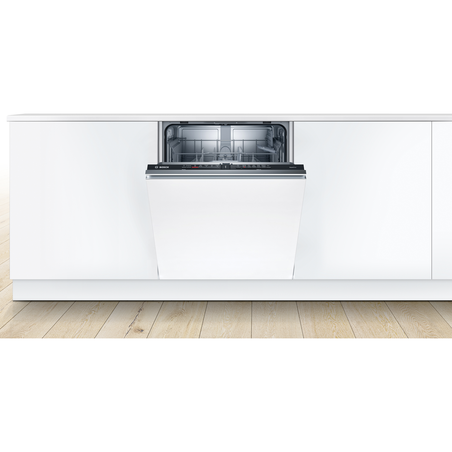 A built-in white dishwasher, with the door ajar, revealing interior racks and controls.