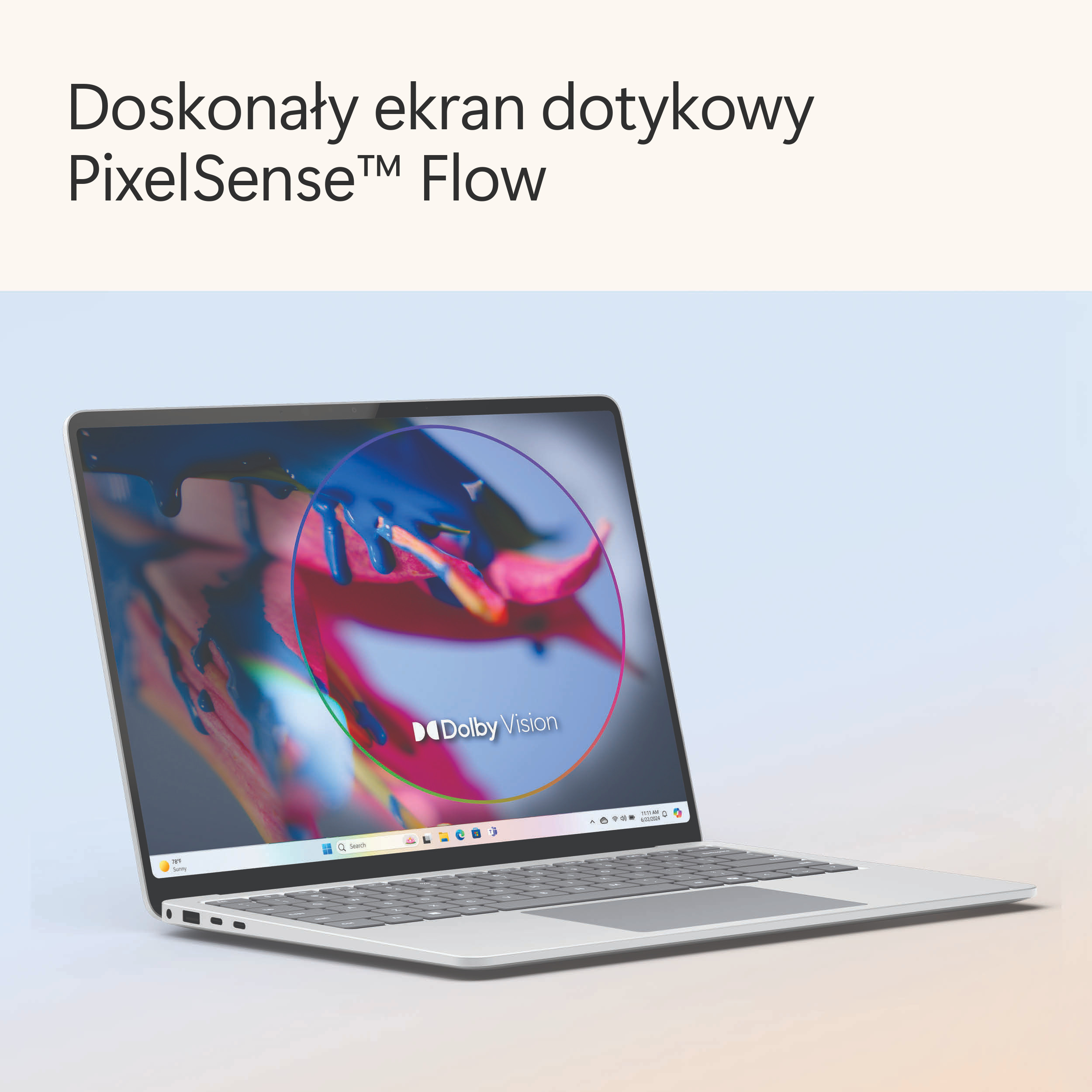 Laptop z kolorowym ekranem, widoczny tekst 'PixelSense Flow'.