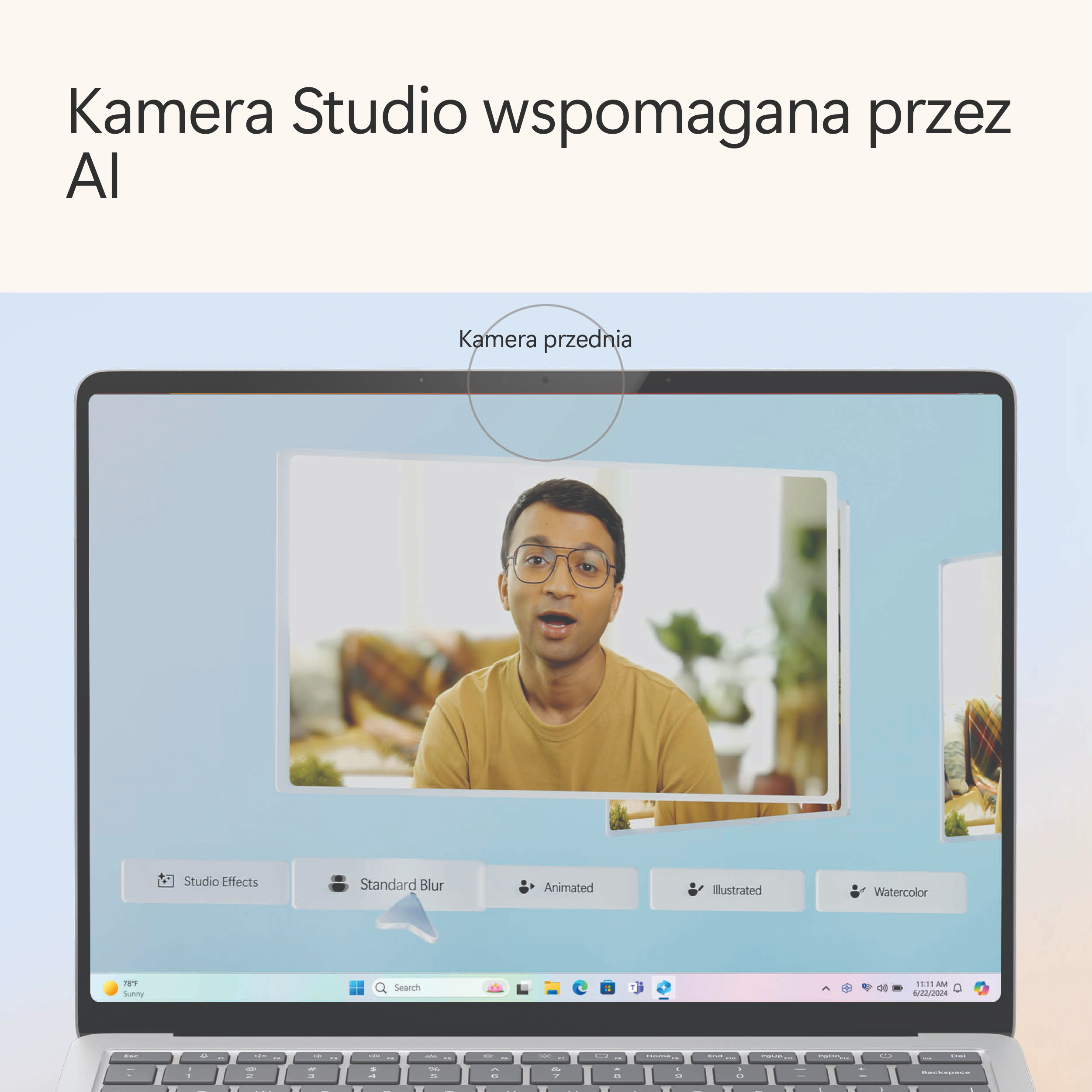 Ekran laptopa pokazujący osobę z opcjami rozmycia tła dla połączenia wideo.