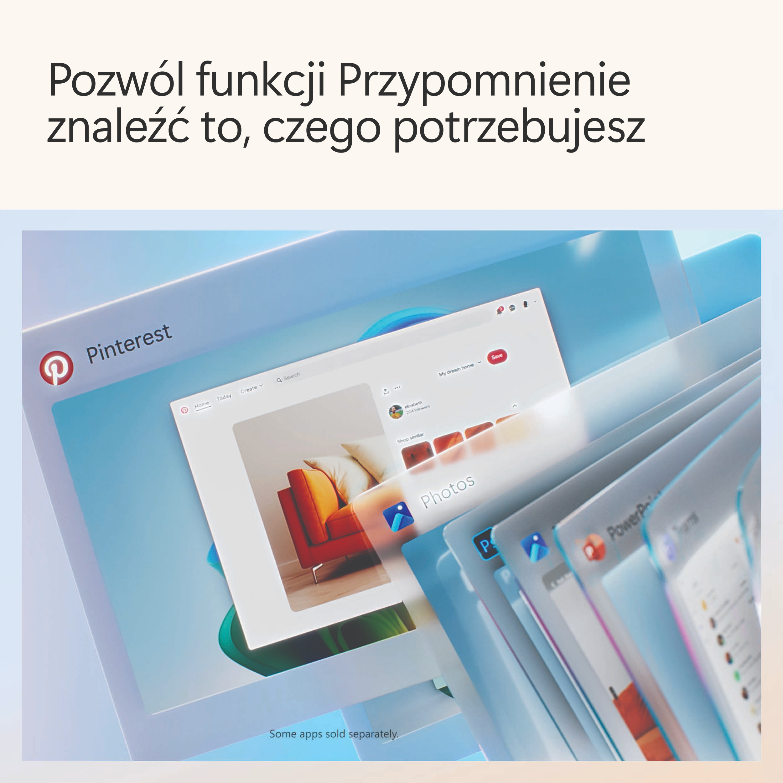 Interfejs Pinterest z kilkoma nakładającymi się oknami aplikacji na ekranie.