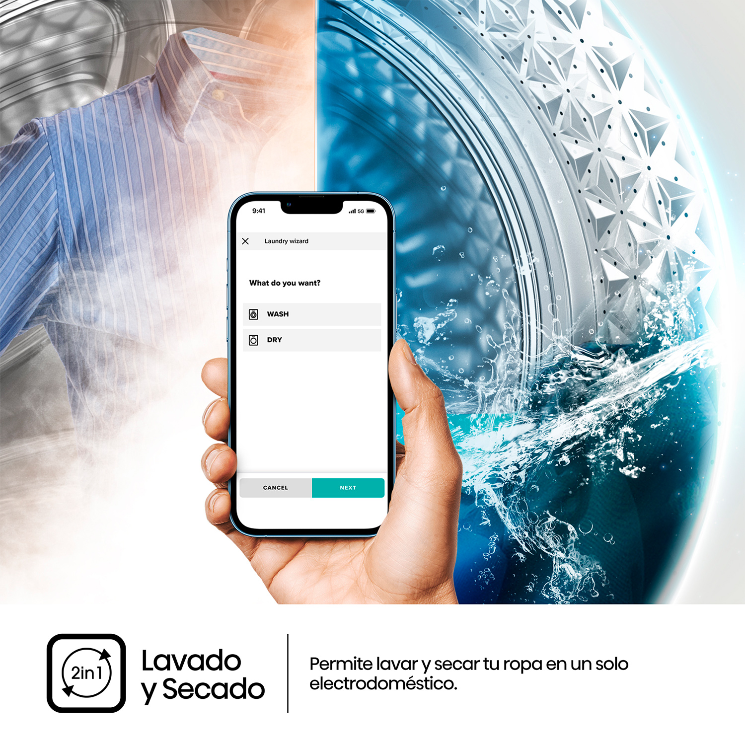Smartphone mostrando interfaz de asistente de lavandería con lavadora y camisa.