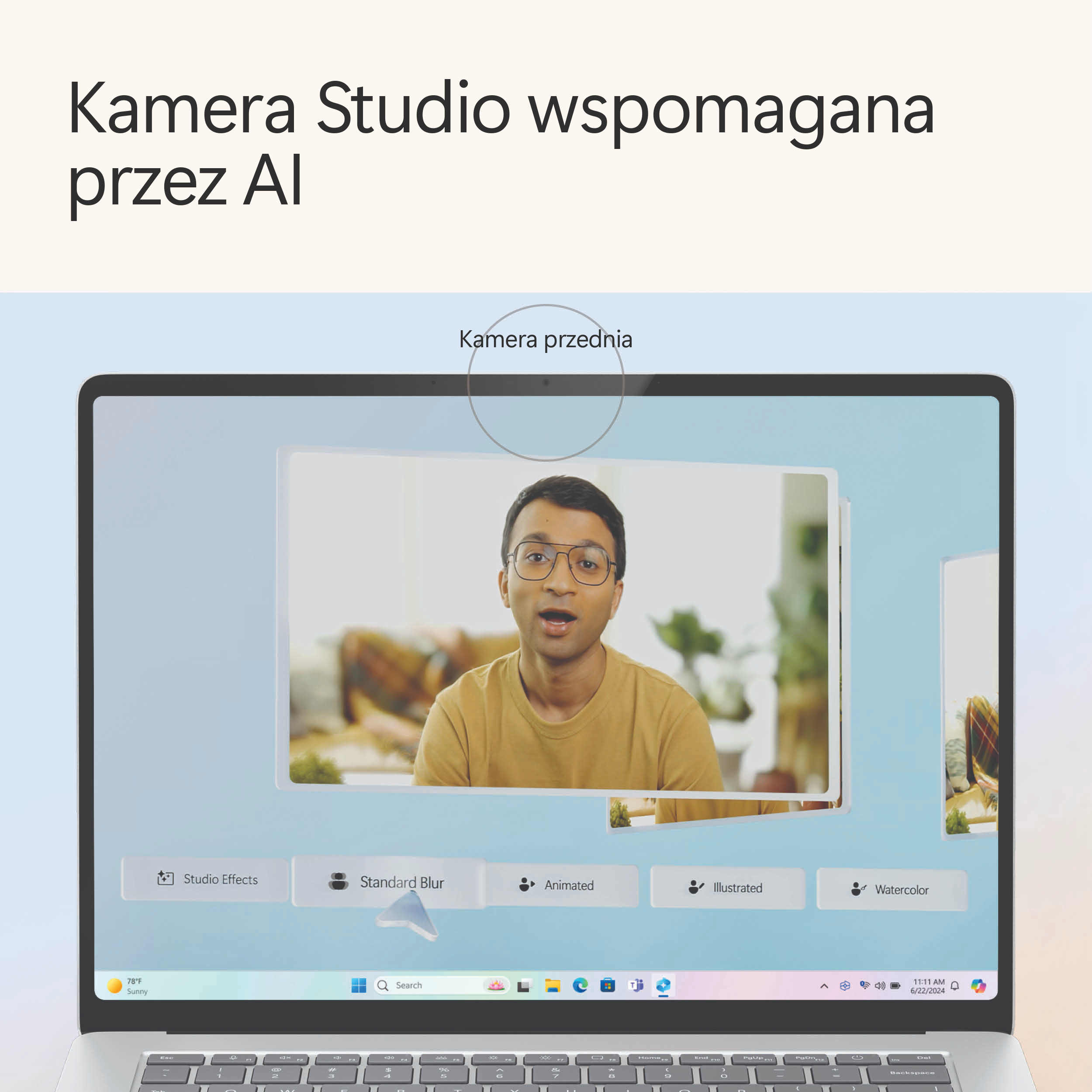 Ekran laptopa wyświetlający mężczyznę rozmawiającego z efektem studyjnym, z innymi opcjami poniżej.