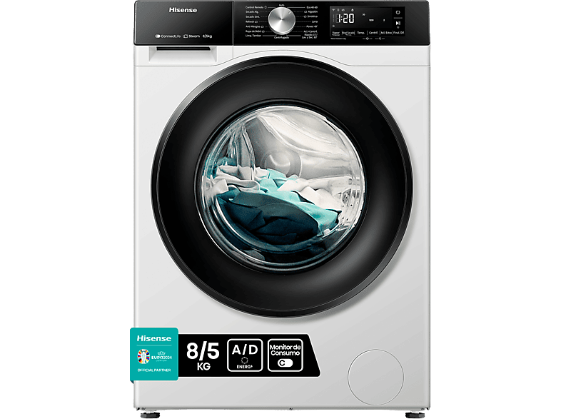 REACONDICIONADO Seminuevo Muy bueno Lavadora secadora - Hisense WD3S8043BW3, 8 kg/5 kg, 1400 rpm, 16 programas. Clase A-30%, WiFi, Blanco