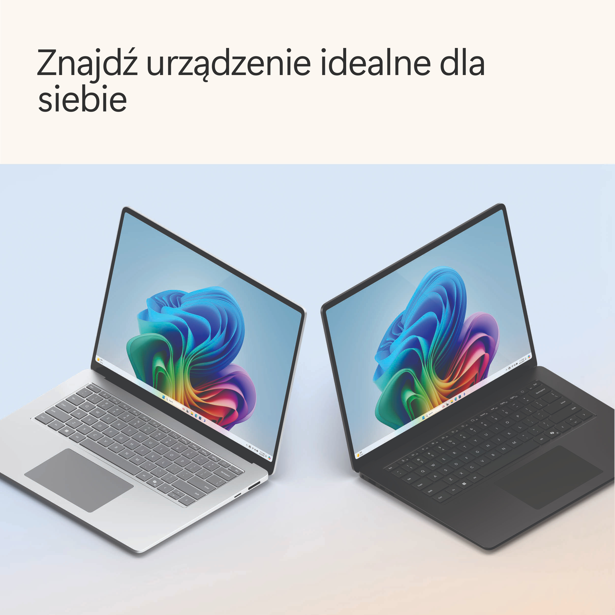 Dwa laptopy z kolorowymi ekranami na tle gradientu niebieskiego.