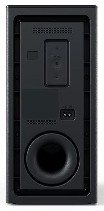 Czarny soundbar z AC IN i portem parowania z tyłu.