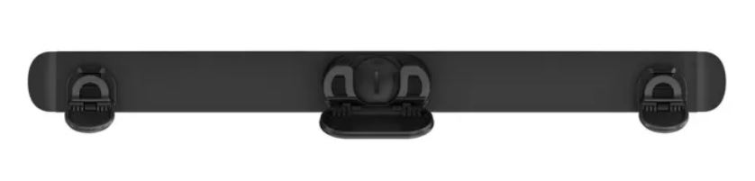 Czarny pasek z dwoma bocznymi klipsami i centralnym klipsem. Izolowany na białym tle.