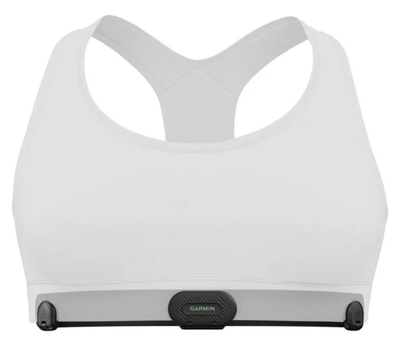 Biały stanik sportowy z czarnym czujnikiem i logo Garmin.
