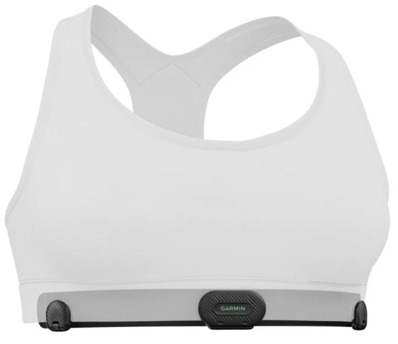 Biały stanik sportowy z czarnym paskiem do monitora tętna.