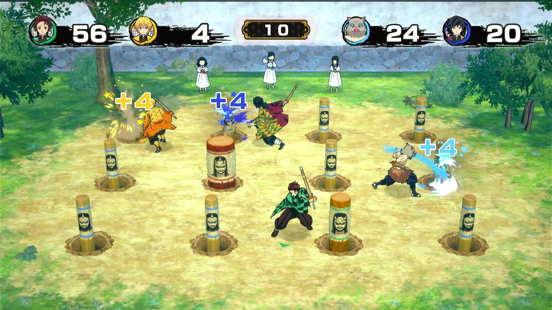 Scena di videogioco con personaggi e tabelloni su un campo erboso.