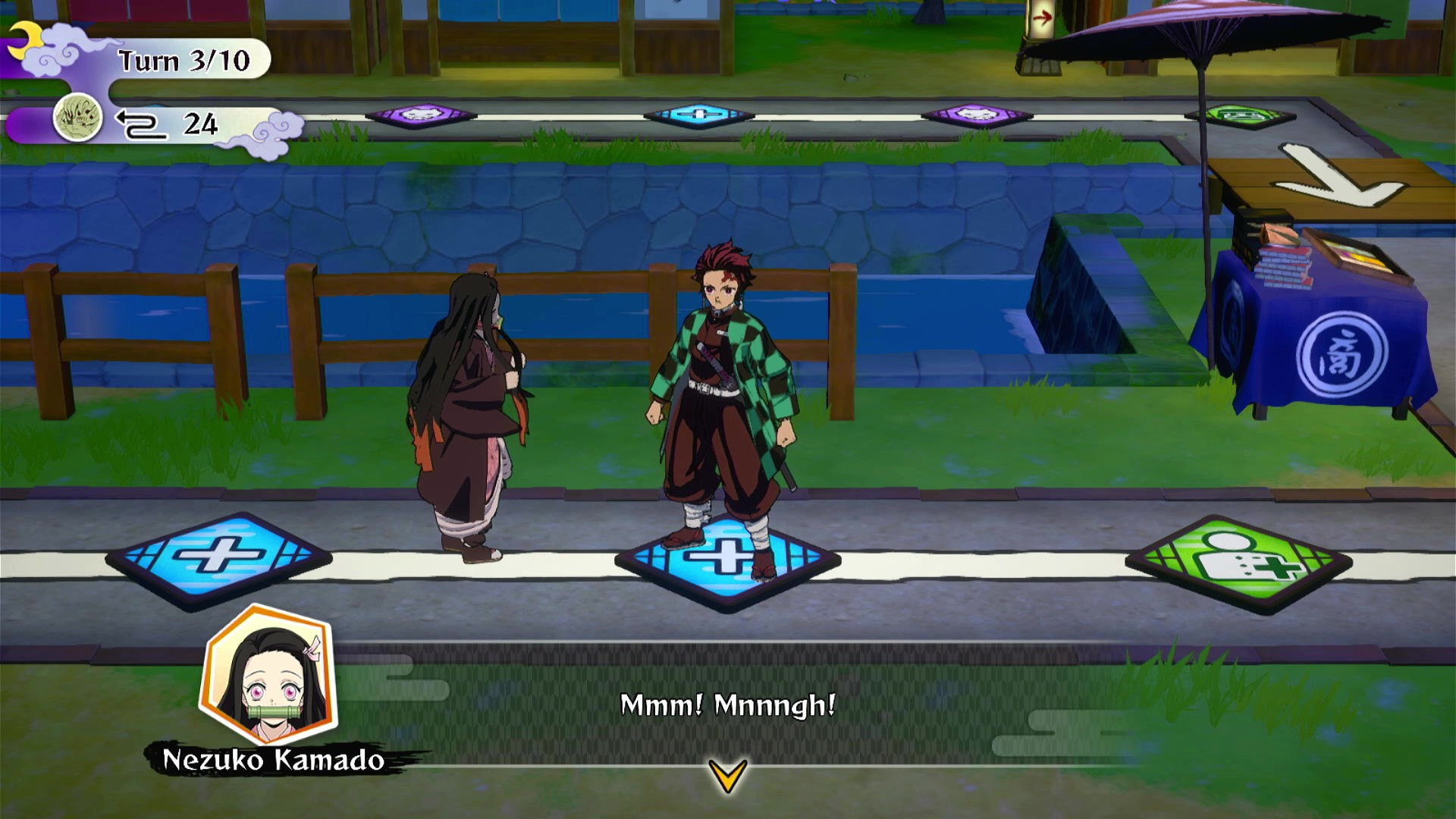 Due personaggi anime su un tabellone, finestra di dialogo visibile.