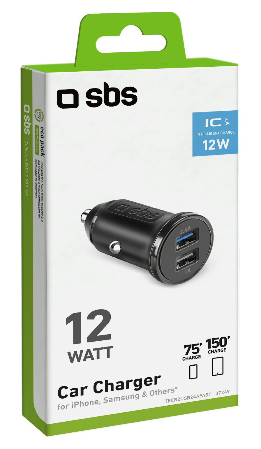 Ładowarka samochodowa z dwoma portami USB. Jest czarna i znajduje się w biało-zielonym pudełku.