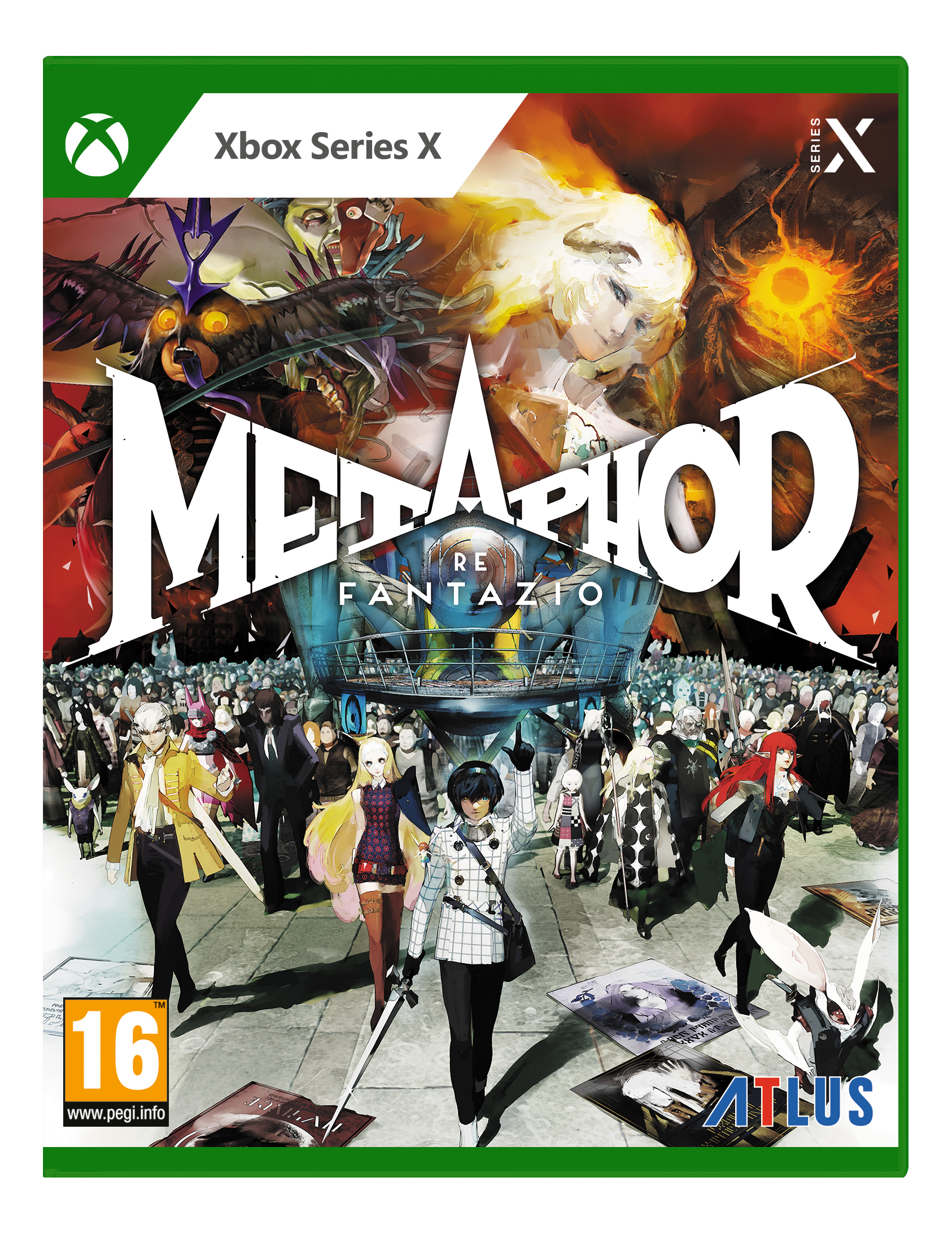 Boîte de jeu Xbox Series X pour 'Metaphor: Refantazio' avec des personnages et une ville futuriste.