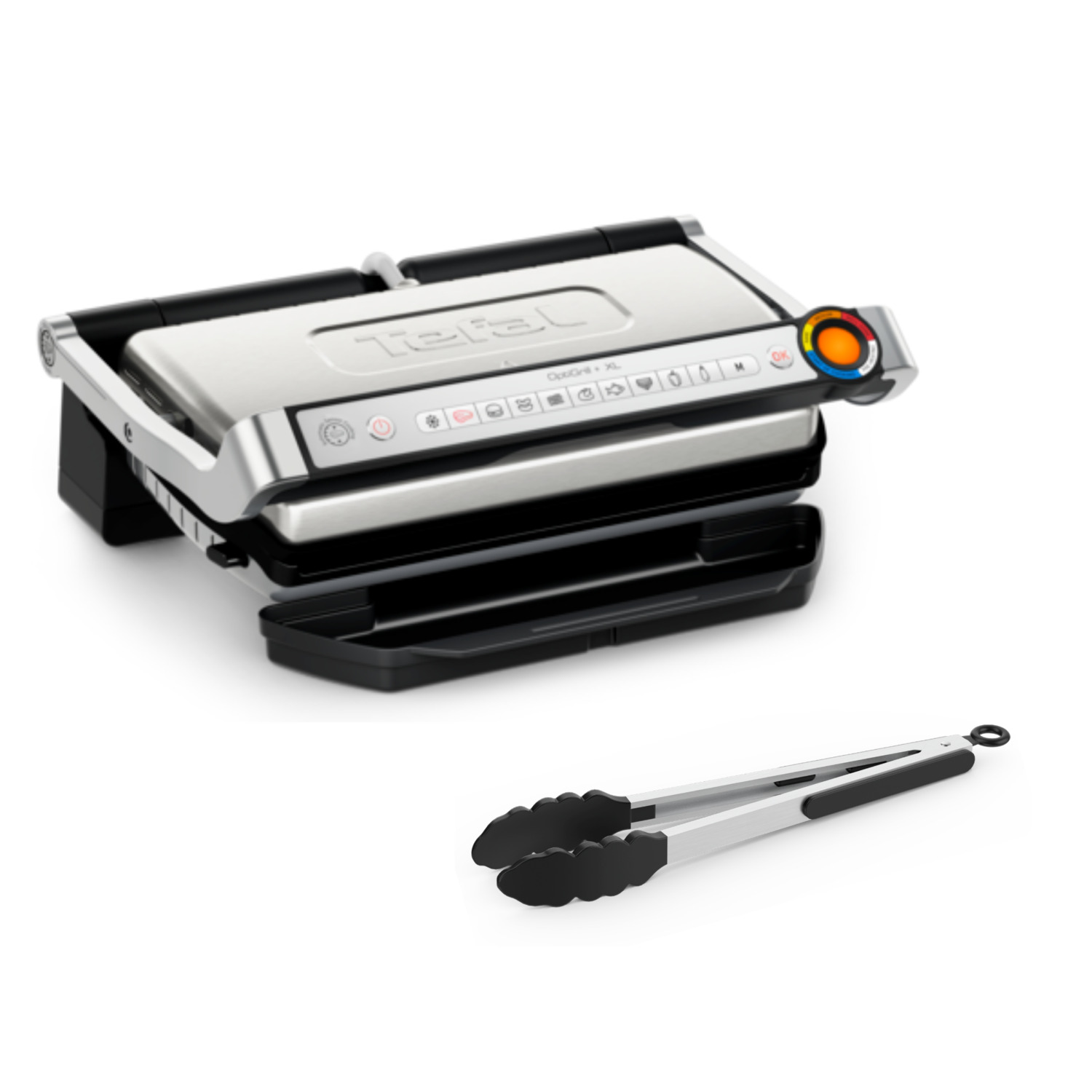 Tefal Optigrill XL with tongs. Silver grill with black parts and tongs.