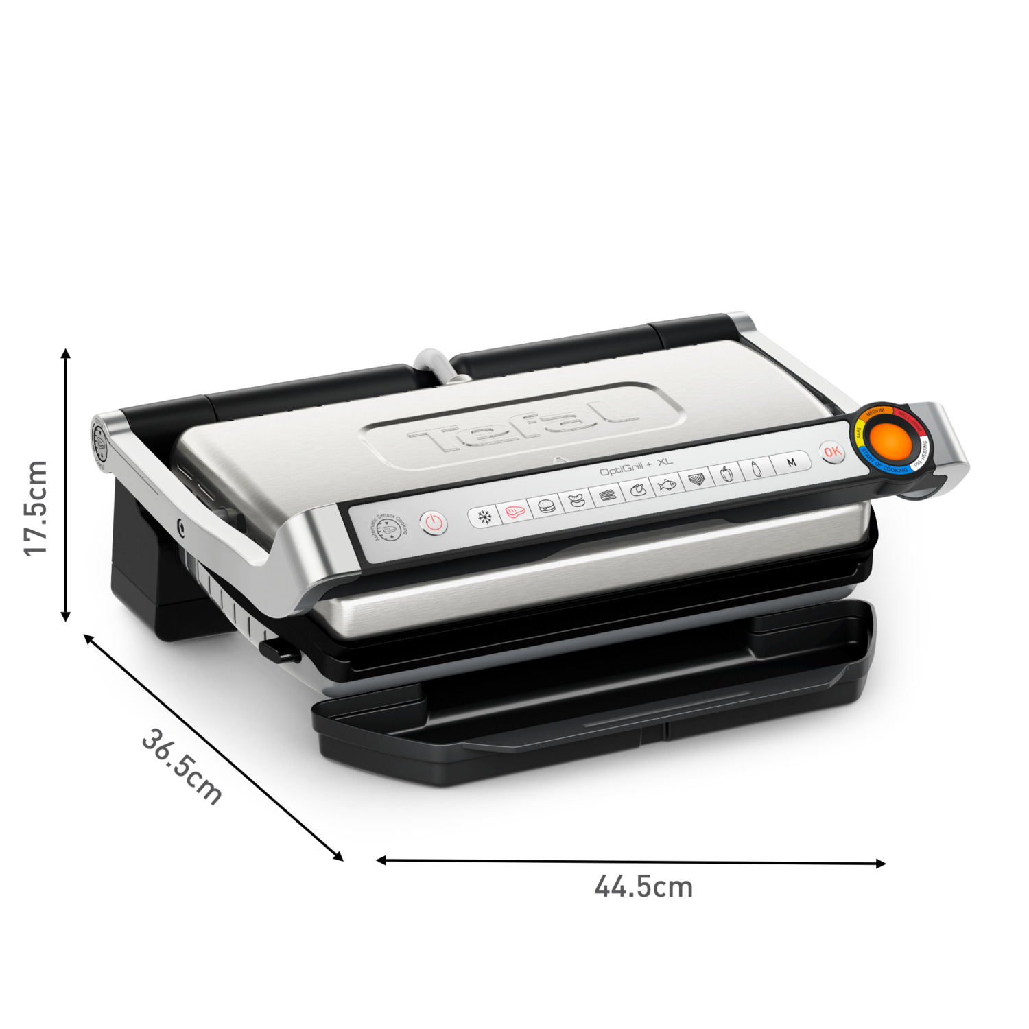 Tefal OptiGrill+ XL with dimensions: 17.5cm height, 36.5cm depth, 44.5cm width.