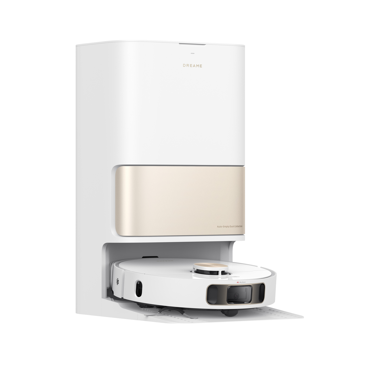 Een witte en gouden Dreame robotstofzuiger en zijn oplaadstation worden getoond.