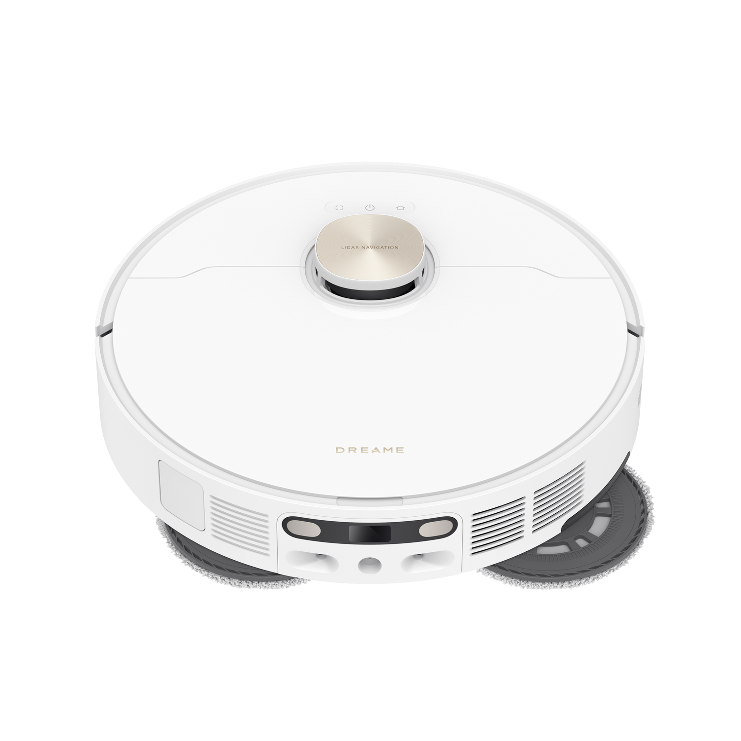 Witte robotstofzuiger, cirkelvormig, met navigatiesensor en twee roterende reinigingspads.