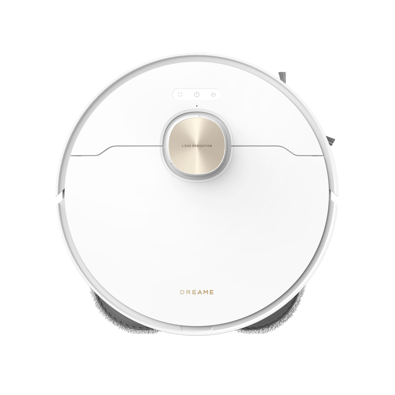 Een witte, ronde robotstofzuiger, bovenaanzicht, met een gouden midden en twee zijborstels.