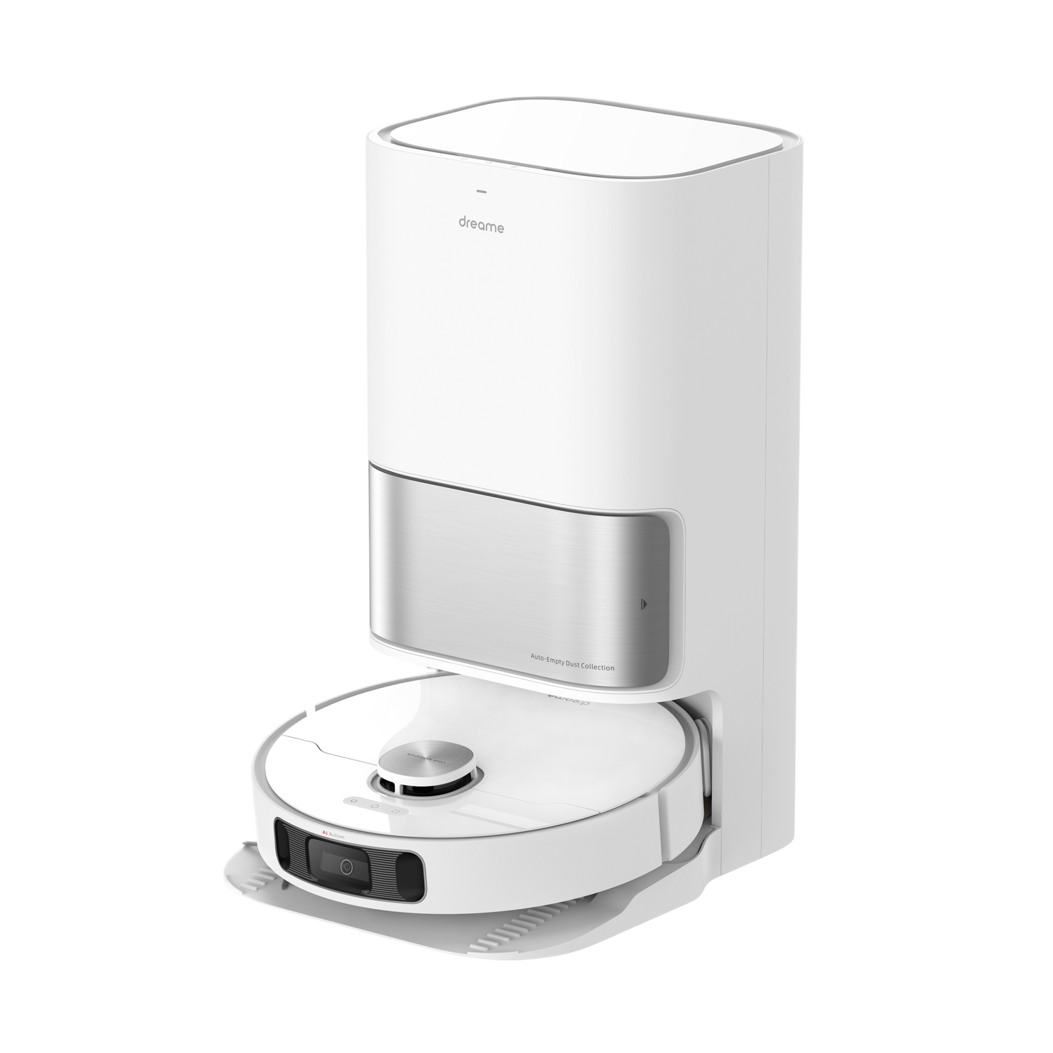 Witte en zilveren robotstofzuiger met een oplaadstation, op een witte achtergrond.