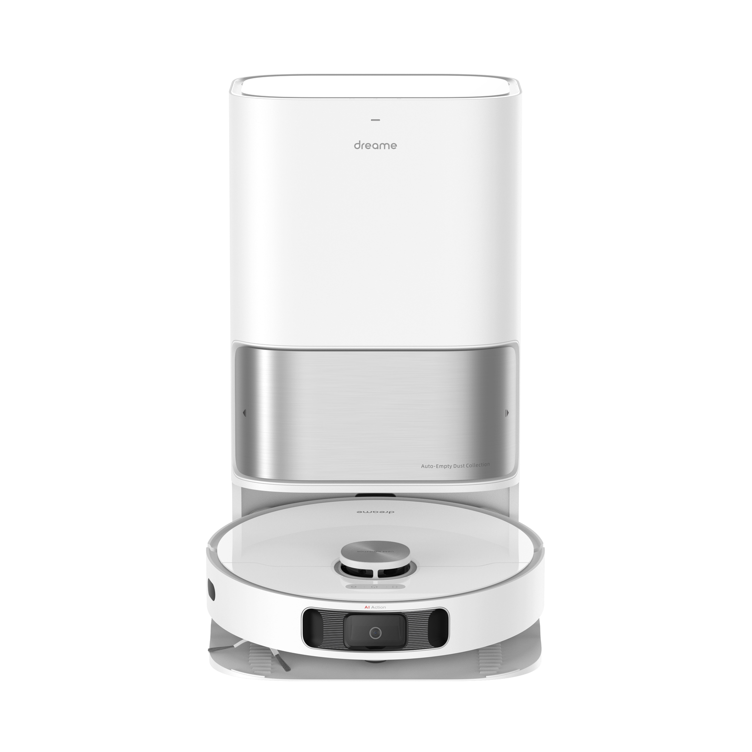 Witte robotstofzuiger met een wit oplaadstation.
