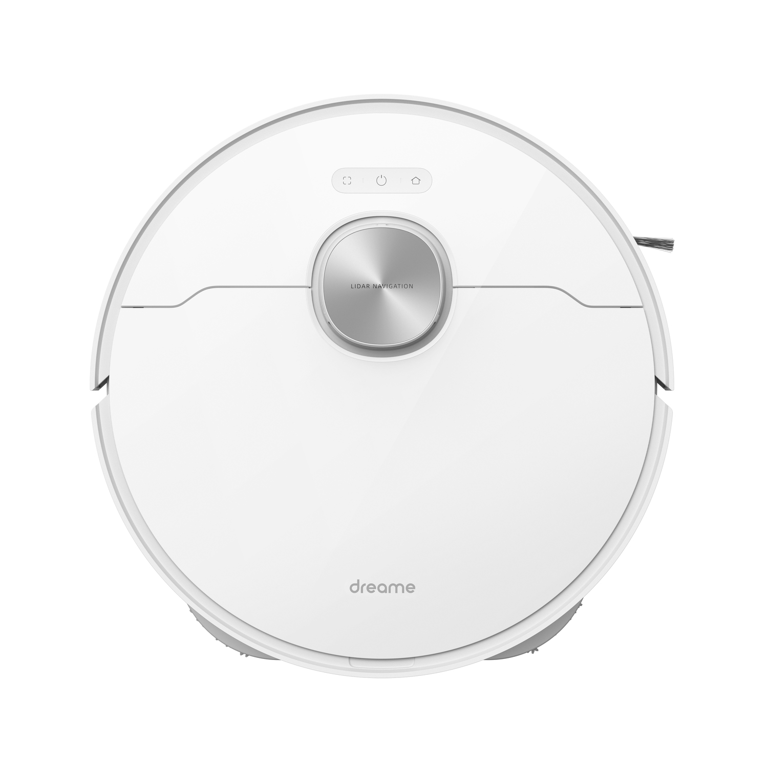 Een witte, ronde Dreame robotstofzuiger, bovenaanzicht, met een zilveren LIDAR navigatiesysteem.