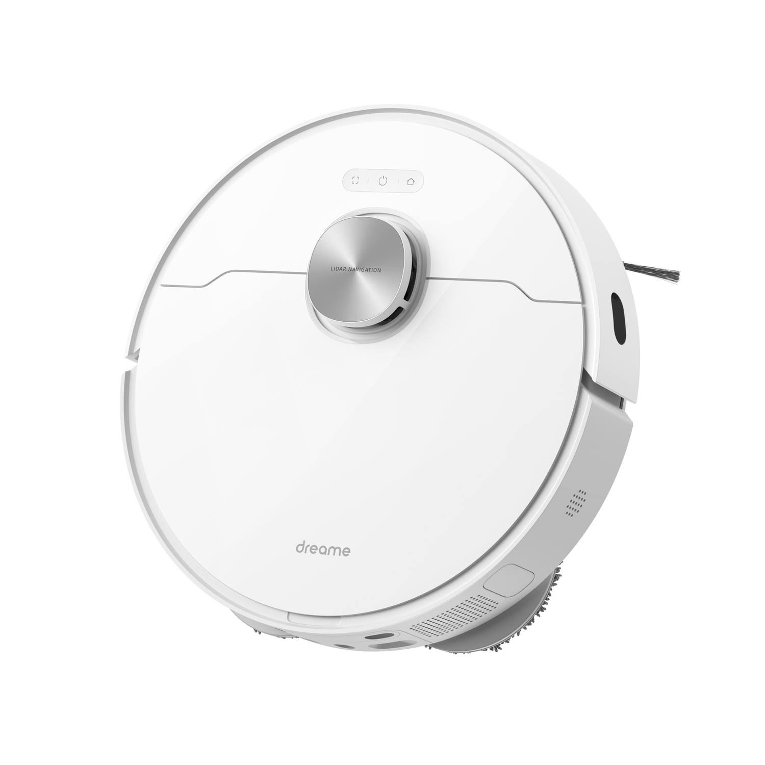 Een witte robotstofzuiger met een zilveren midden.