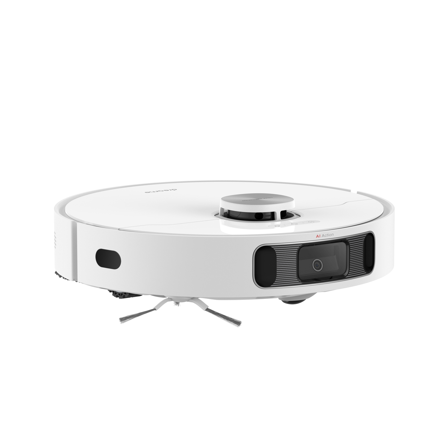 Witte robotstofzuiger met een rond ontwerp en een zichtbare camera.