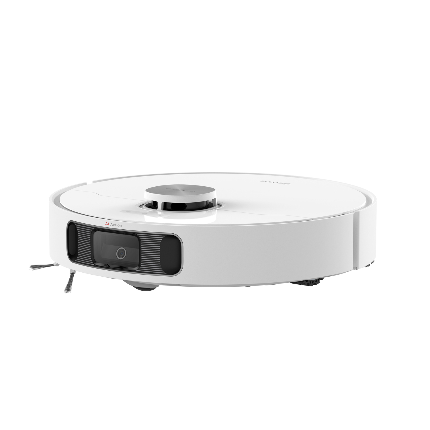 Een witte robotstofzuiger met een zwarte camera. Hij staat op een wit oppervlak.