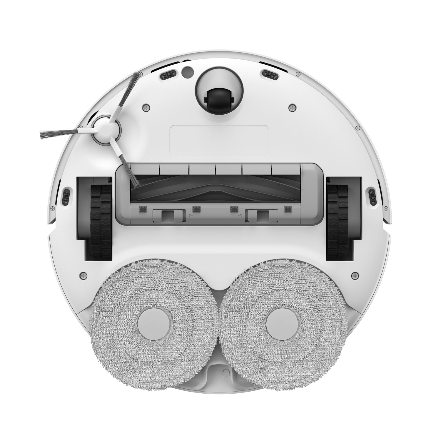 Een witte robotstofzuiger met twee ronde dweilen en een zijborstel op een witte achtergrond.