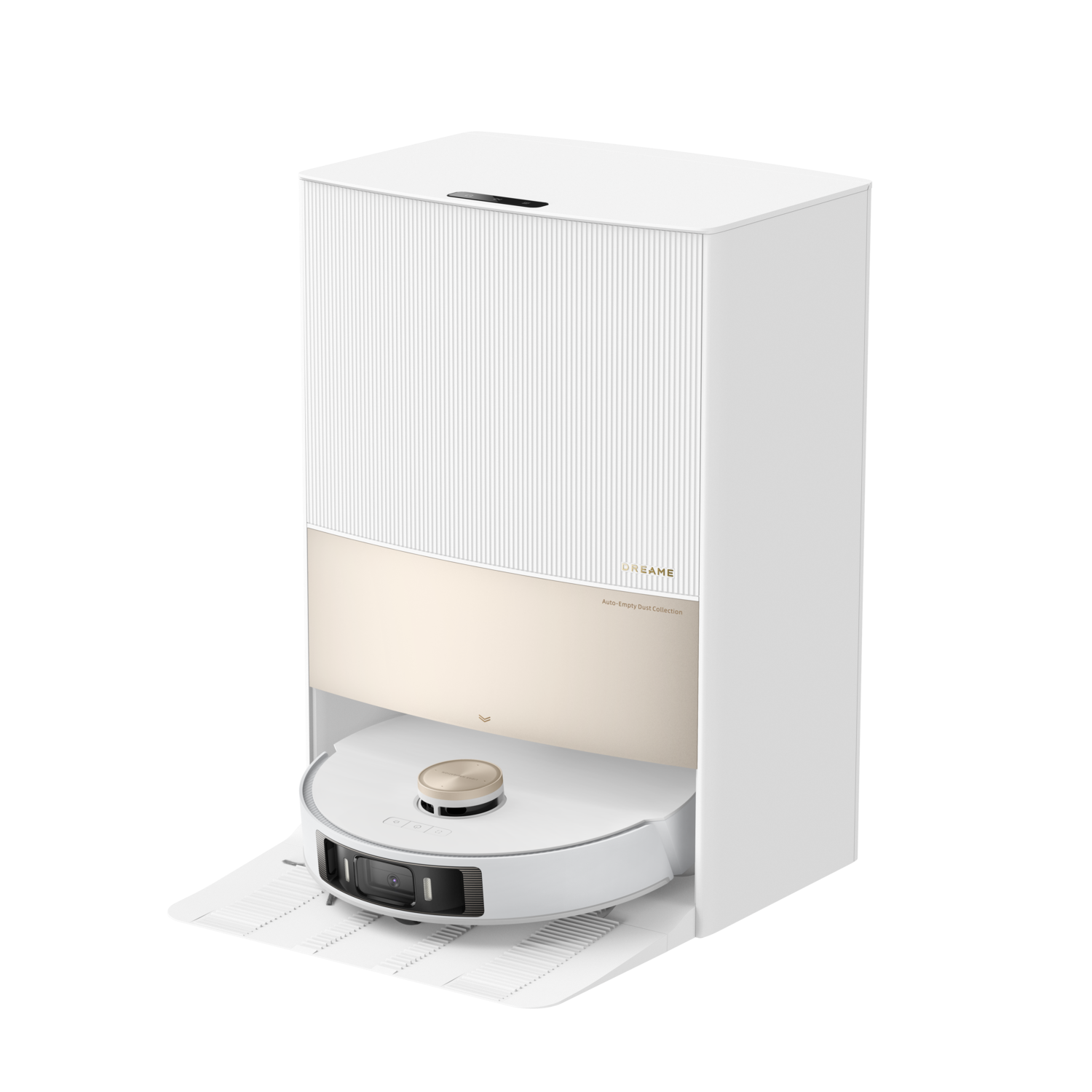Een witte en gouden Dreame robotstofzuiger en zijn oplaadstation worden getoond.