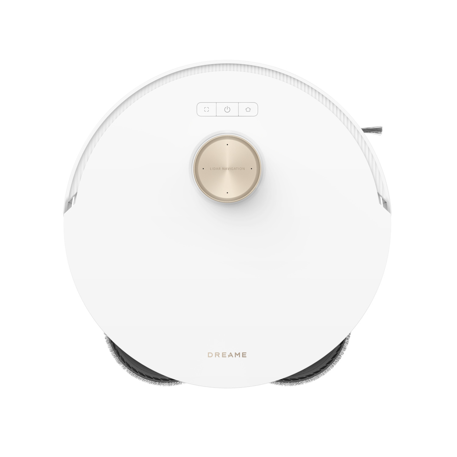 Bovenaanzicht van een witte Dreame robotstofzuiger op een witte achtergrond.
