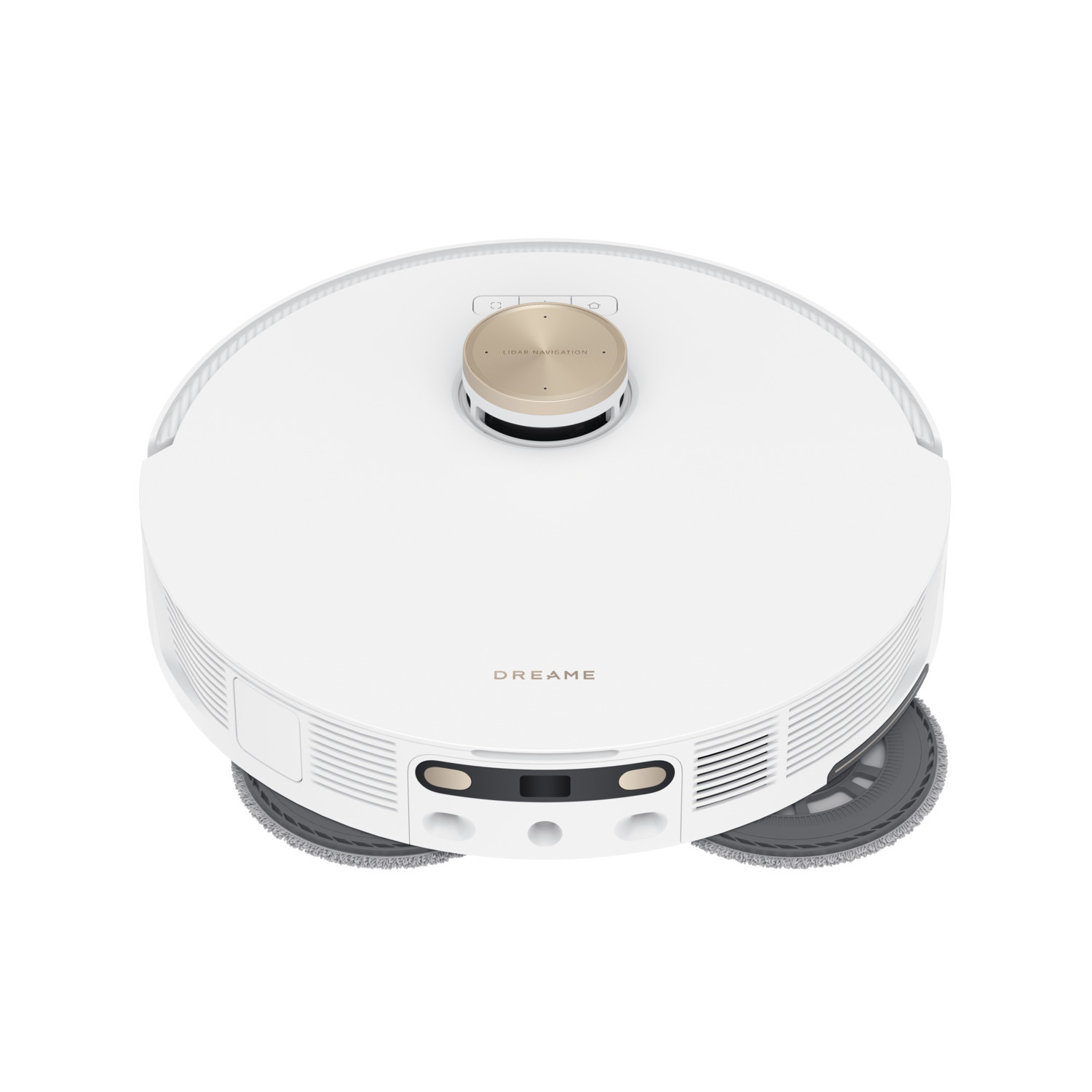 Een witte Dreame robotstofzuiger, bovenaanzicht, met de onderkant met roterende dweilen.