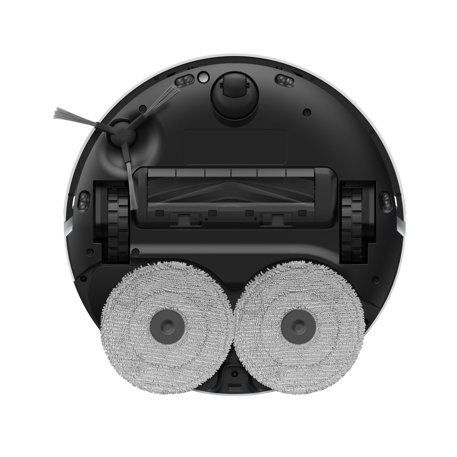 Een bovenaanzicht van een zwart-witte robotstofzuiger met twee roterende dweilpads.