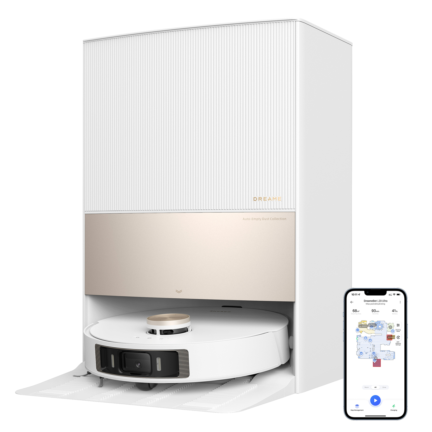 Witte en gouden robotstofzuiger met een oplaadstation en een telefoon met een kaart.